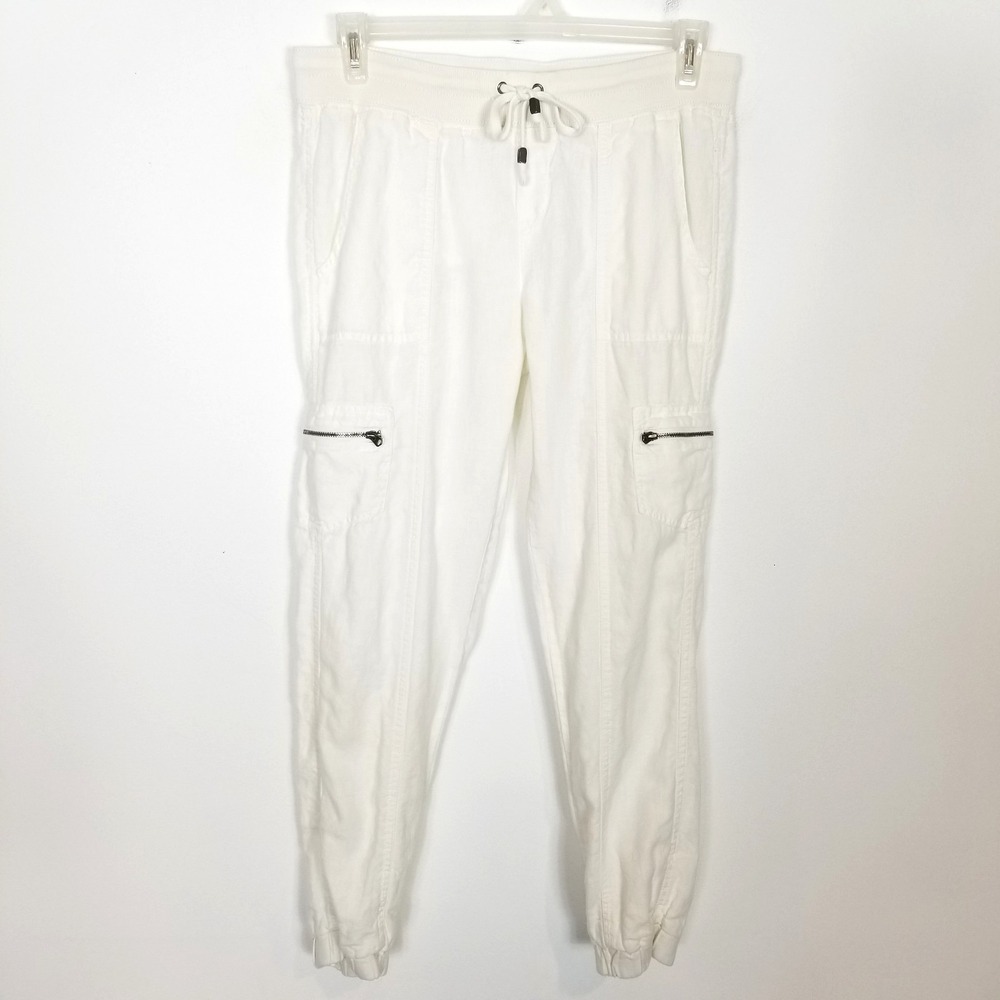 Athleta Women Linen Jogger Pants Sz 6 White Summer Drawstring Pockets Beach Vaca